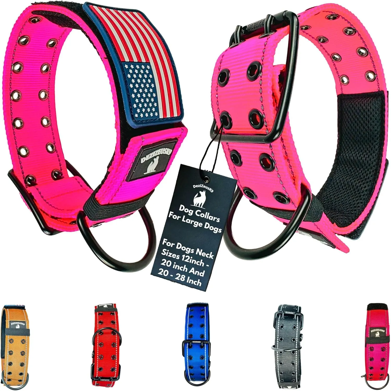 Dog Collars for Large Dogs - 2 inch Wide Dog Collar for Large Dogs Personalized Dog Collar with Metal Buckle American Flag Patch Name Plate Padded Dog Collar for Extra Large Dogs Male Female K9