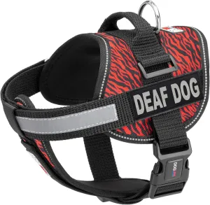 Dogline Unimax Dog Harness Vest with Deaf Dog Patches Reflective No-Pull, Adjustable Straps, Breathable Neoprene for Medical, Service, Identification and Training Dogs Girth 18 to 25" Zebra Red