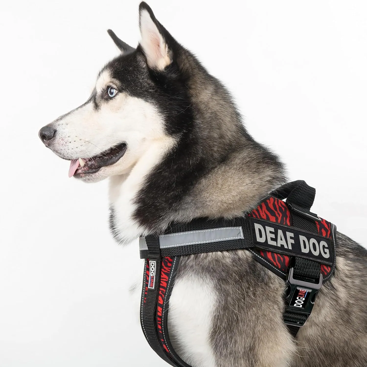 Dogline Unimax Dog Harness Vest with Deaf Dog Patches Reflective No-Pull, Adjustable Straps, Breathable Neoprene for Medical, Service, Identification and Training Dogs Girth 18 to 25" Zebra Red