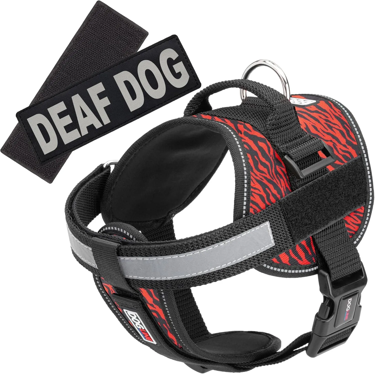 Dogline Unimax Dog Harness Vest with Deaf Dog Patches Reflective No-Pull, Adjustable Straps, Breathable Neoprene for Medical, Service, Identification and Training Dogs Girth 18 to 25" Zebra Red