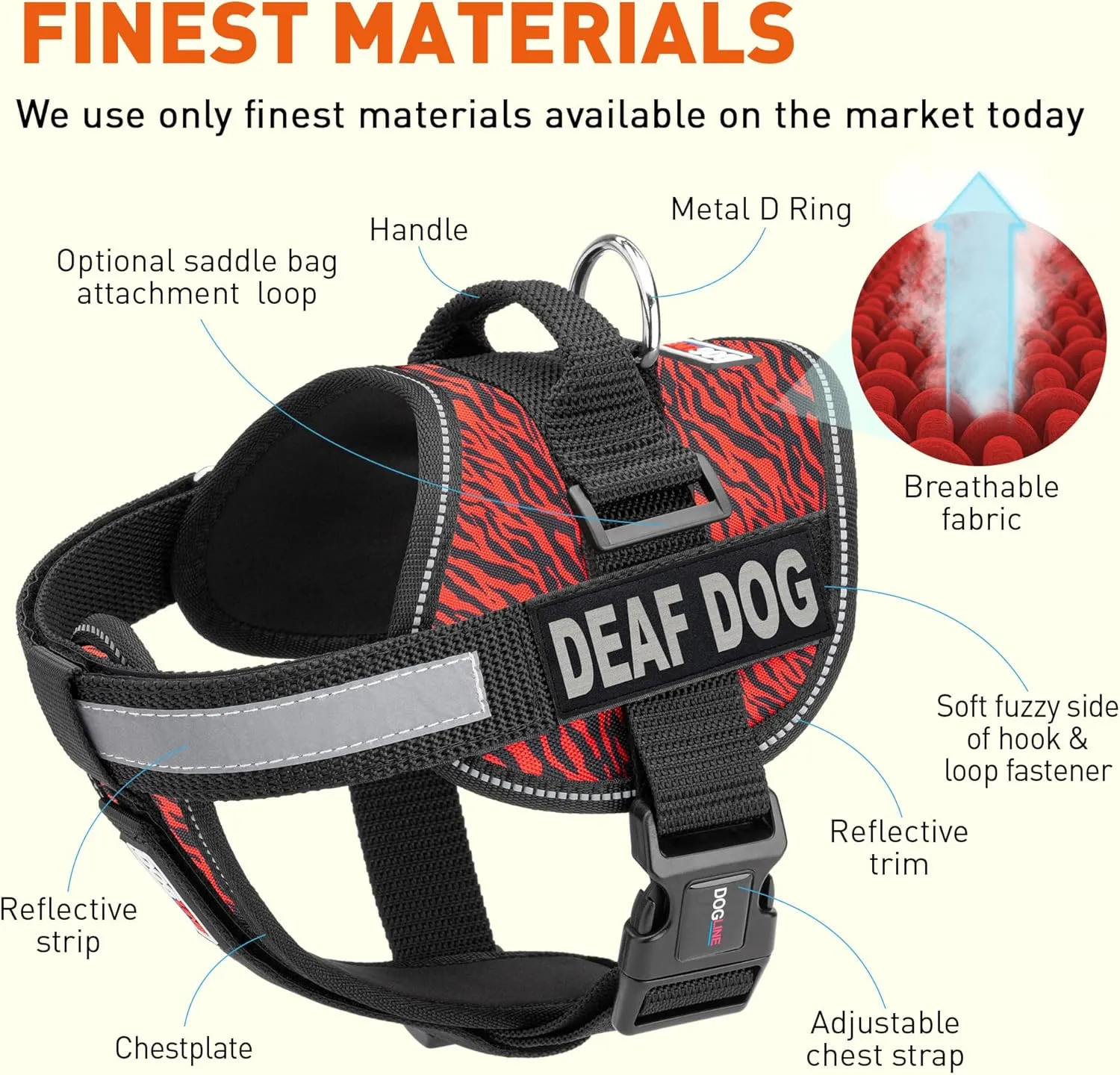 Dogline Unimax Dog Harness Vest with Deaf Dog Patches Reflective No-Pull, Adjustable Straps, Breathable Neoprene for Medical, Service, Identification and Training Dogs Girth 18 to 25" Zebra Red