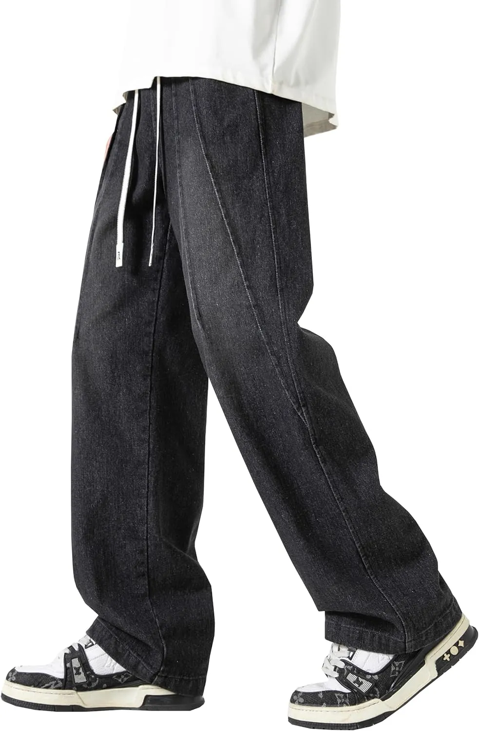 DOSLAVIDA Men's Straight Leg Jeans Relaxed Fit Baggy Jean Hip Hop Loose Fit Carpenter Denim Pants with Drawstring