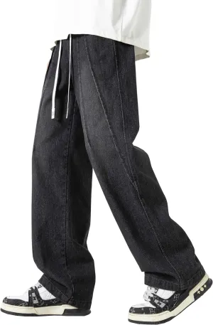DOSLAVIDA Men's Straight Leg Jeans Relaxed Fit Baggy Jean Hip Hop Loose Fit Carpenter Denim Pants with Drawstring