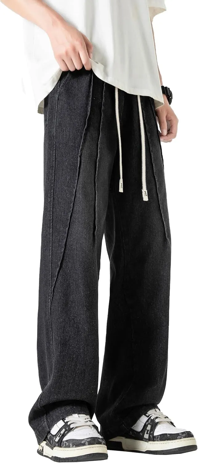 DOSLAVIDA Men's Straight Leg Jeans Relaxed Fit Baggy Jean Hip Hop Loose Fit Carpenter Denim Pants with Drawstring