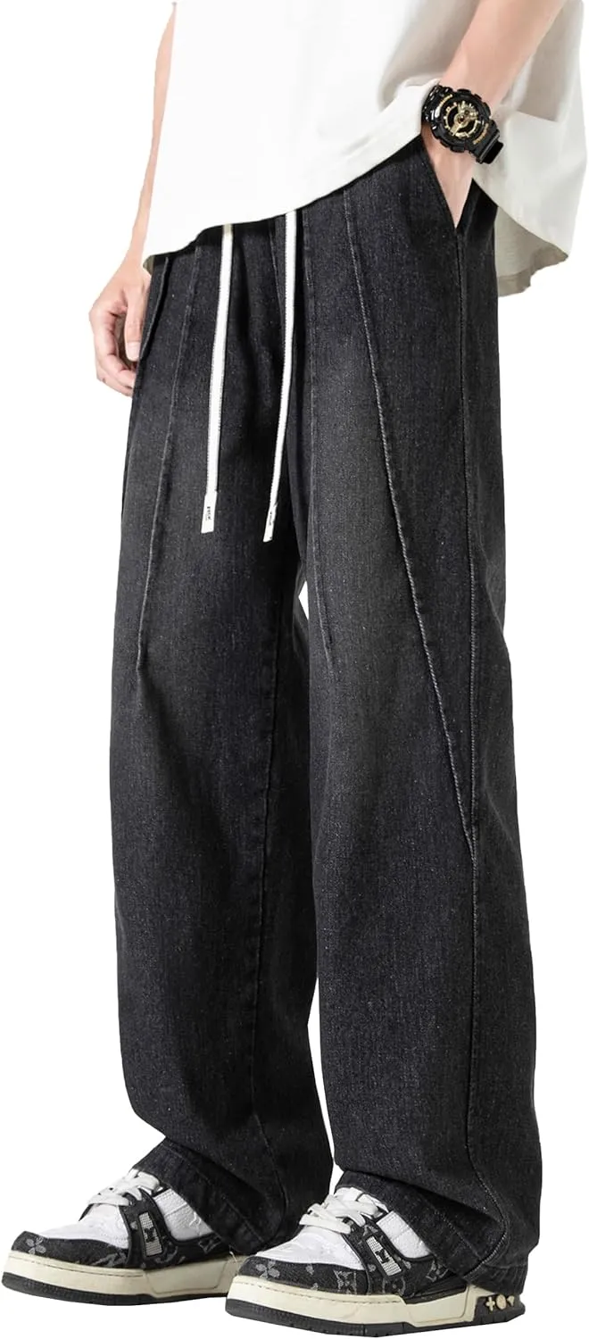 DOSLAVIDA Men's Straight Leg Jeans Relaxed Fit Baggy Jean Hip Hop Loose Fit Carpenter Denim Pants with Drawstring