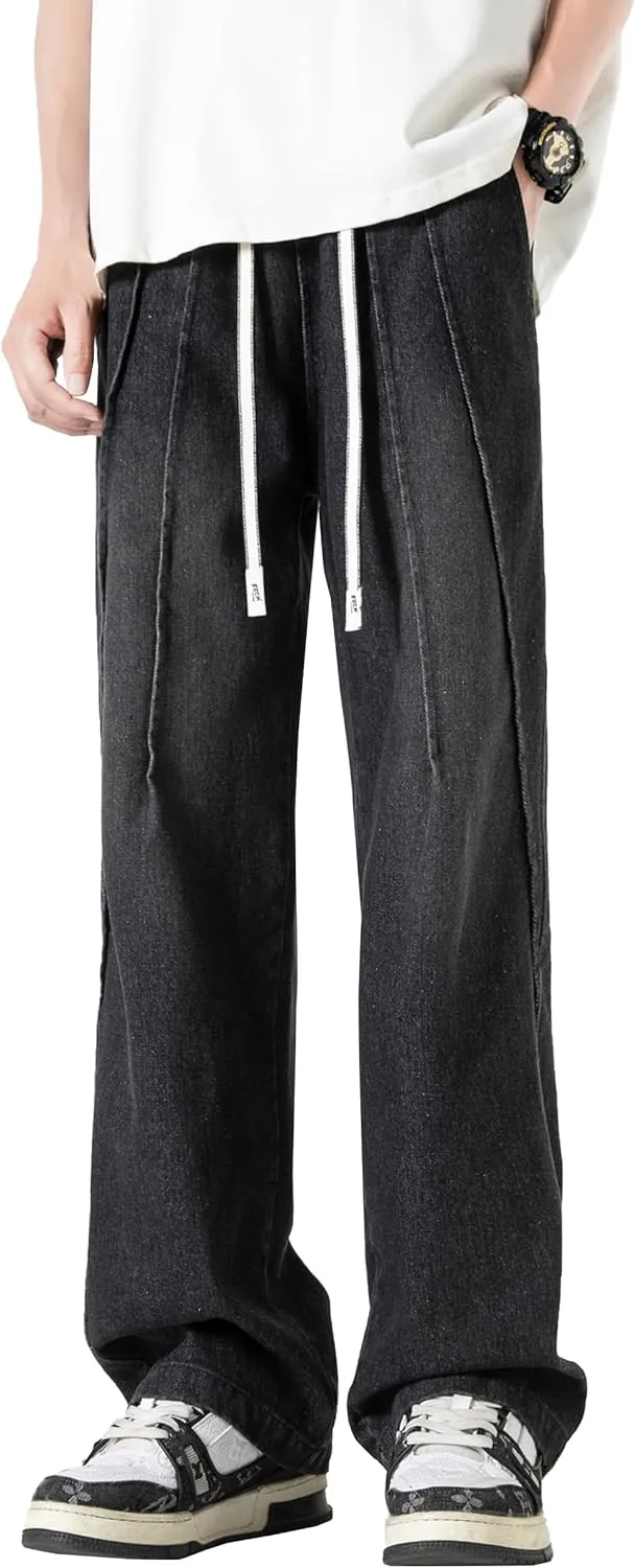 DOSLAVIDA Men's Straight Leg Jeans Relaxed Fit Baggy Jean Hip Hop Loose Fit Carpenter Denim Pants with Drawstring