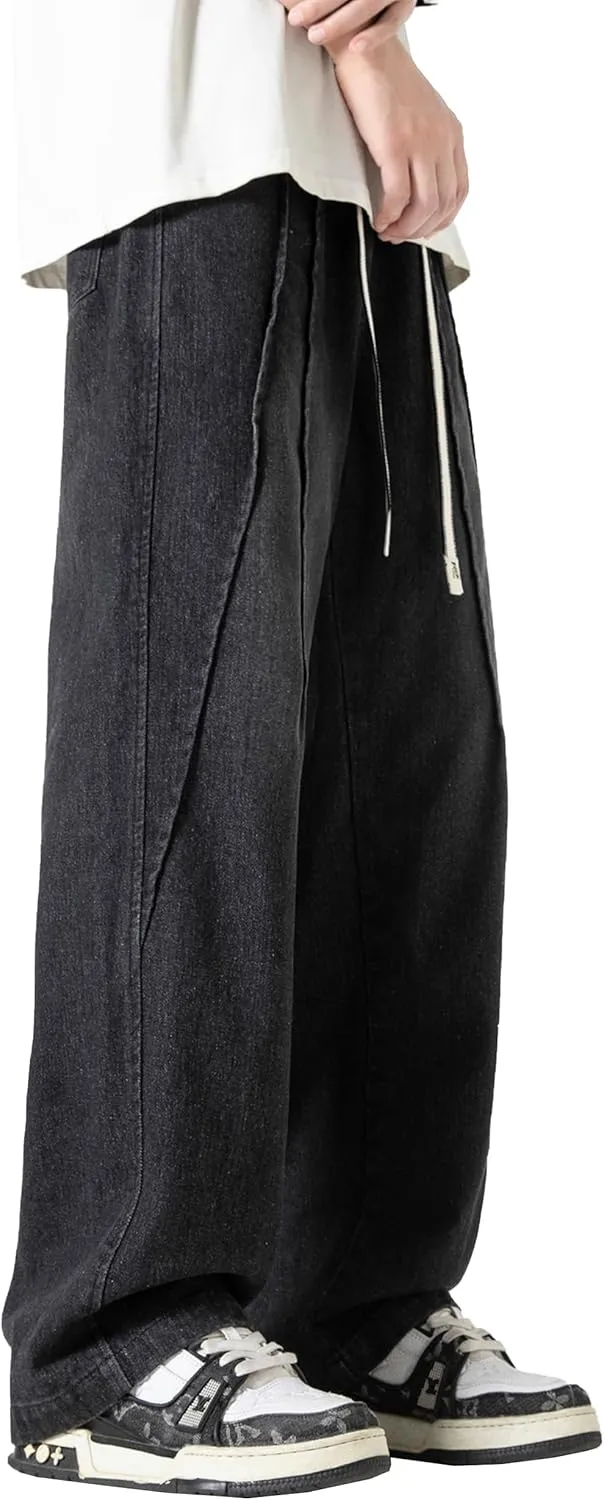 DOSLAVIDA Men's Straight Leg Jeans Relaxed Fit Baggy Jean Hip Hop Loose Fit Carpenter Denim Pants with Drawstring