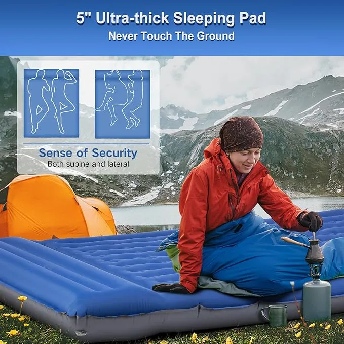 Double Sleeping Pad Camping, Self Inflating 5'' Extra-Thick 2 Person Pillow Built-in Foot Pump Waterproof Inflatable Sleeping Mat Backpacking, Tent, Hiking, Portable Camping Pad (Navy Grey)
