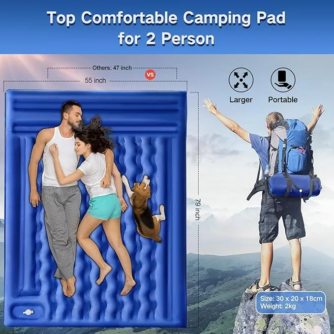 Double Sleeping Pad Camping, Self Inflating 5'' Extra-Thick 2 Person Pillow Built-in Foot Pump Waterproof Inflatable Sleeping Mat Backpacking, Tent, Hiking, Portable Camping Pad (Navy Grey)