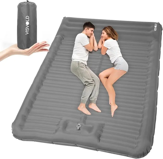 Double Sleeping Pad for Camping, 4.72" Ultra-Thick Self Inflating Camping Pad 2 Person with Pillow Built-in Foot Pump Portable Camping Pad for Backpacking, Hiking, Tent, Traveling(Grey)