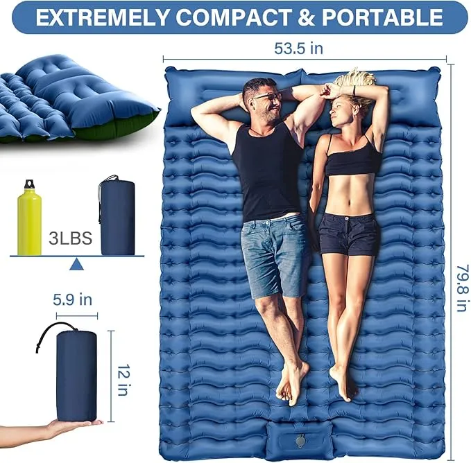 Double Sleeping Pad for Camping- Self Inflating 4" Extra-Thick with Pillow Built-in Foot Pump Inflatable Sleeping Mat for Backpacking, Hiking, Traveling, Tent