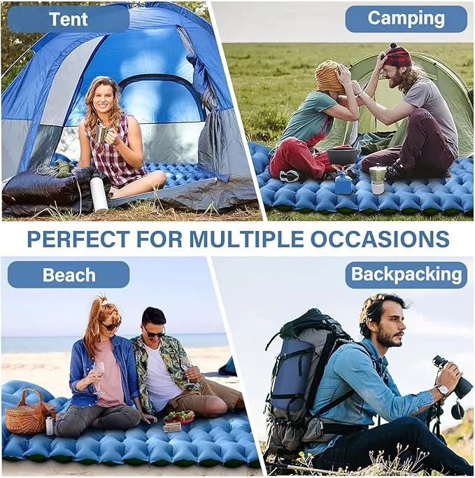 Double Sleeping Pad for Camping- Self Inflating 4" Extra-Thick with Pillow Built-in Foot Pump Inflatable Sleeping Mat for Backpacking, Hiking, Traveling, Tent