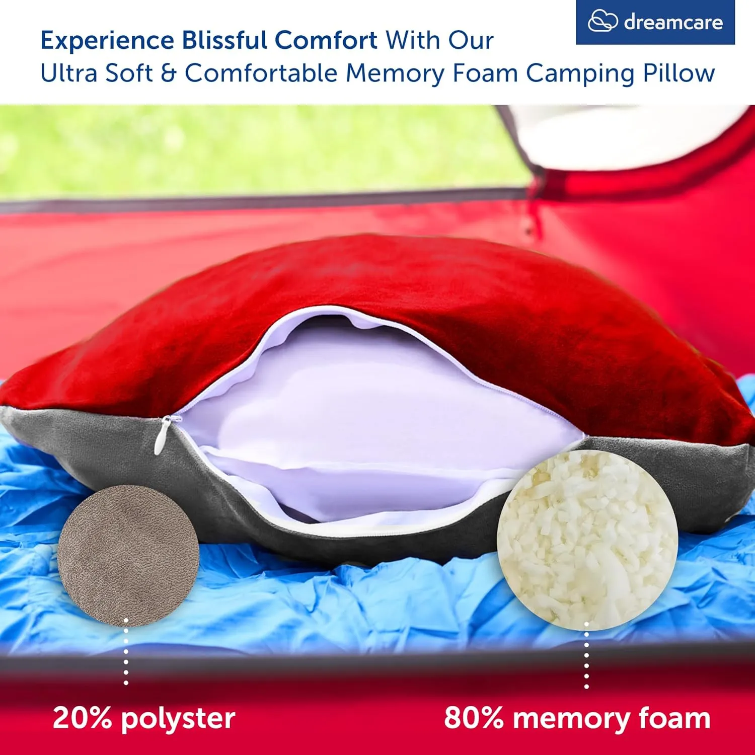 DREAMCARE Camping Pillow, Memory Foam Travel Pillow, Camping Accessories - Small Pillow Camping Essentials Camping Pillows for Sleeping, Backpacking Pillow, Travel Pillows for Sleeping (Small,Red)