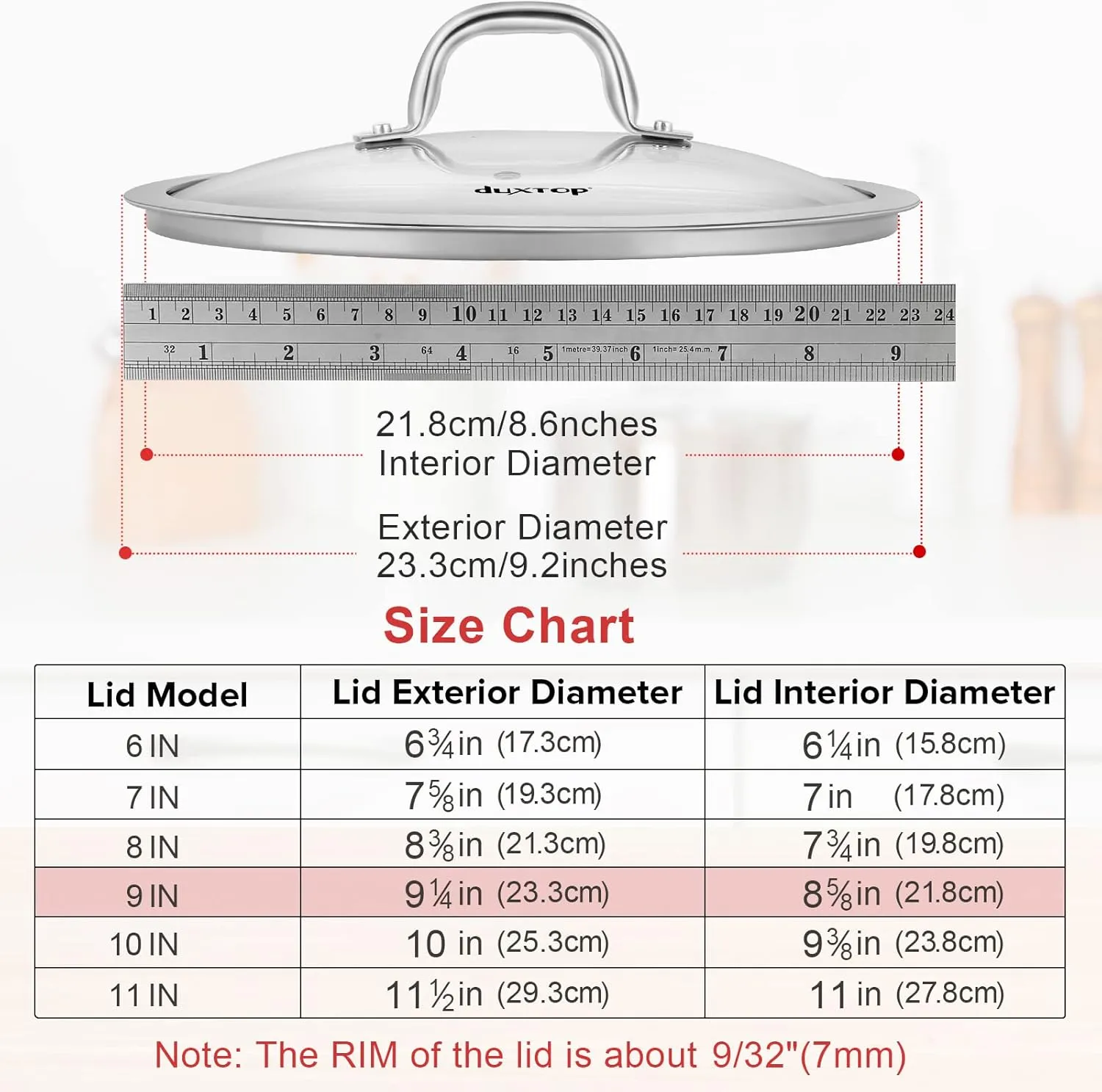 Duxtop Cookware Glass Replacement Lid (Interior Diameter: 8-5/8inch, Exterior Diameter: 9-1/4inch)