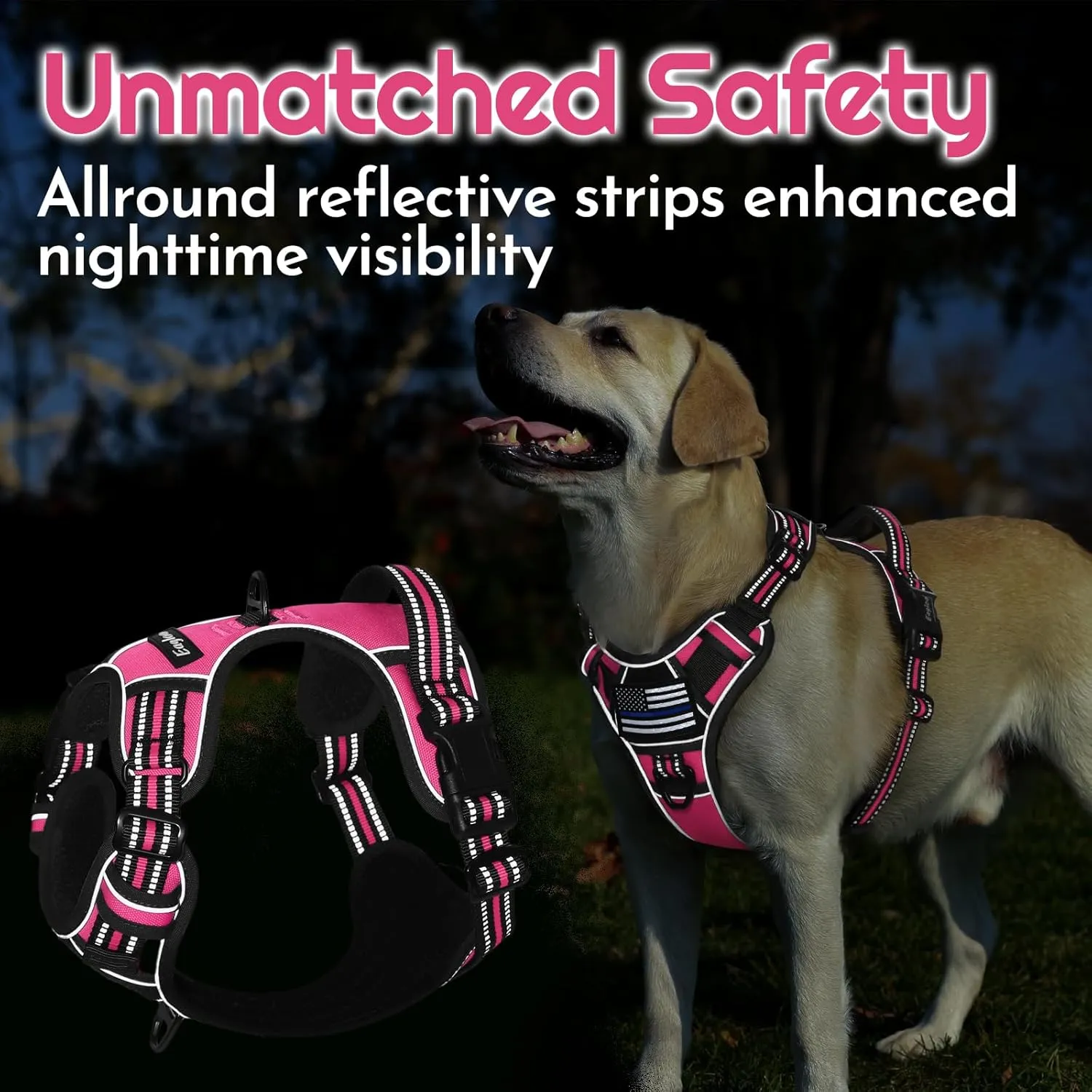 Eagloo Dog Harness Medium Sized, Easy Wearing with 3 Buckles, Adjustable No Pull Pet Harness with 2 Rings for Walking, No Chock Reflective Soft Padded Vest with Control Handle, Pink & Black, M