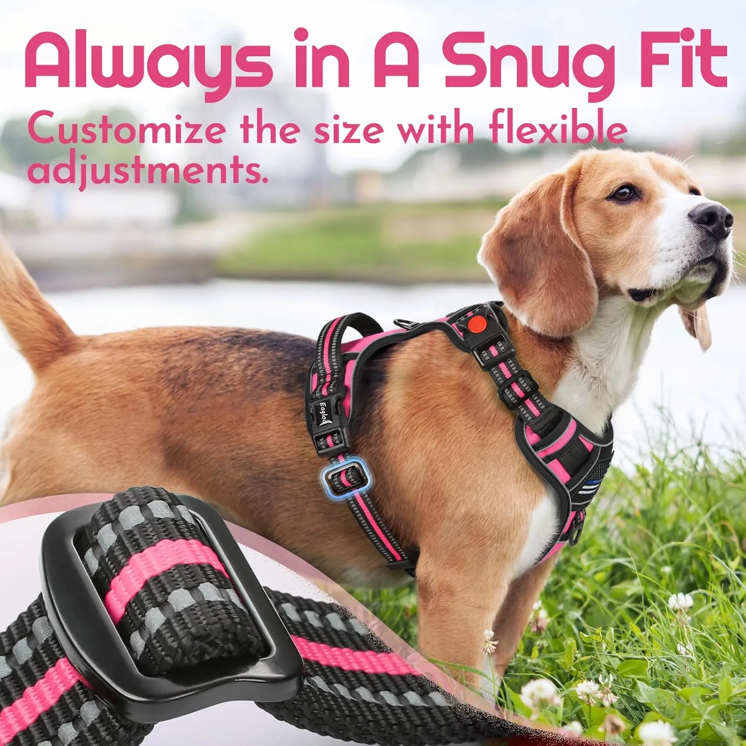 Eagloo Dog Harness Medium Sized, Easy Wearing with 3 Buckles, Adjustable No Pull Pet Harness with 2 Rings for Walking, No Chock Reflective Soft Padded Vest with Control Handle, Pink & Black, M