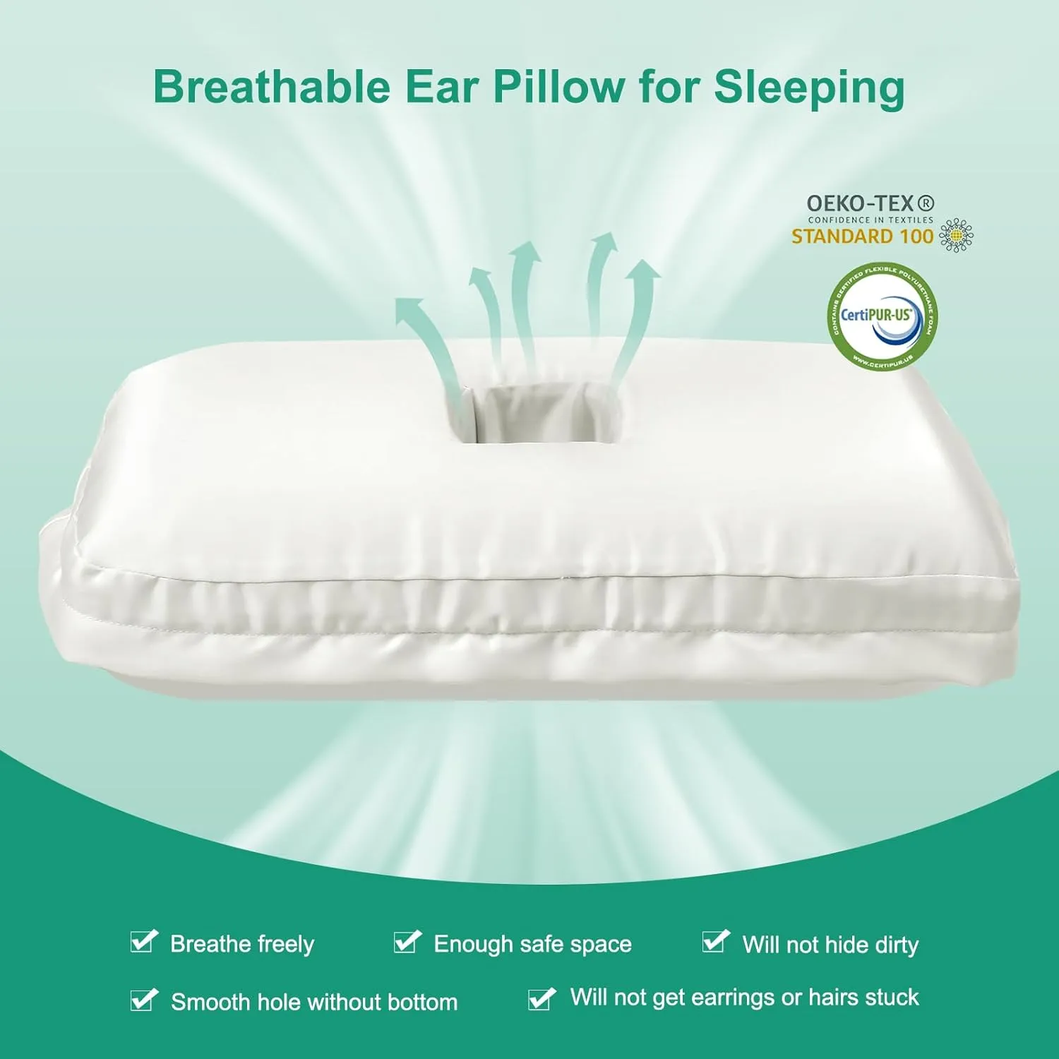 Ear Piercing Pillow - Breathable Big Ear Hole Pillow - with Satin Smooth Pillowcase - 15.9''L x 11''W x 4''H - Come with Portable Backpack