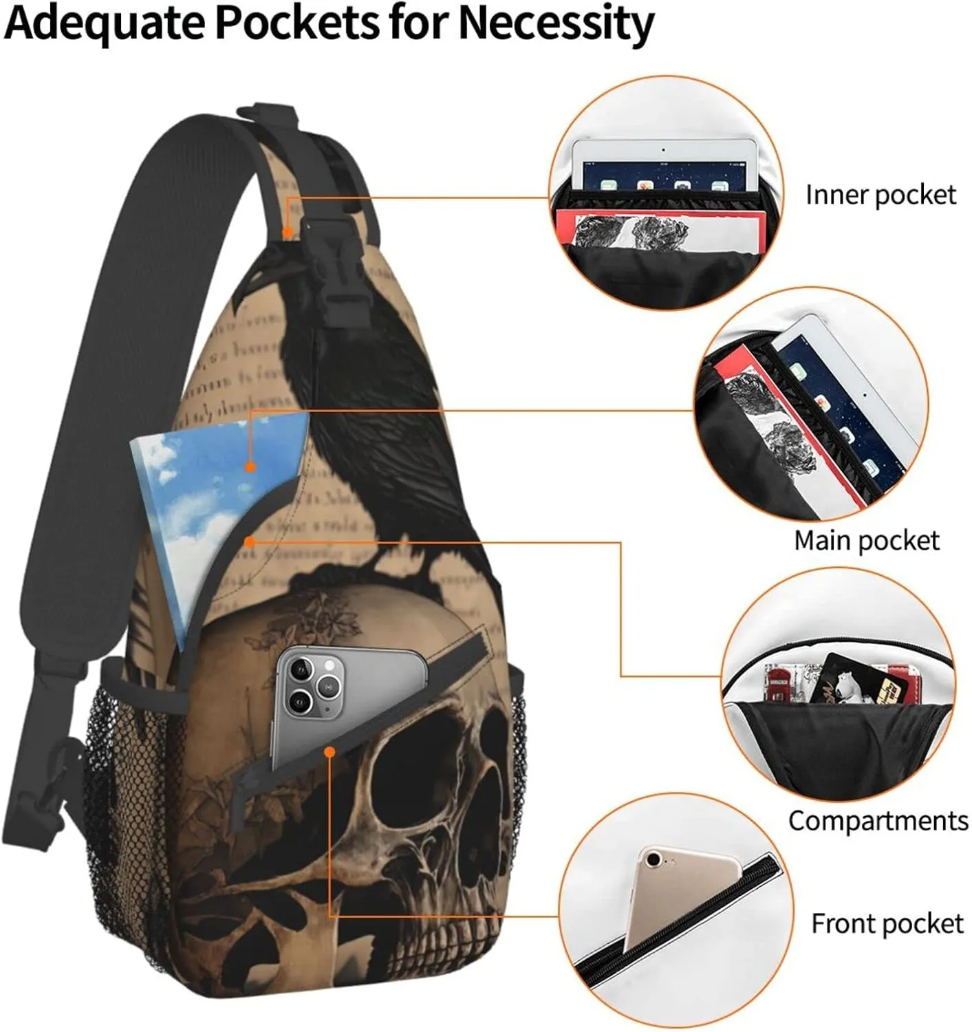 Edgar Allan Poe The Raven Skull Outdoor Cross-body Shoulder Bag, Unisex Backpack For Women Men Young Hiking Travel