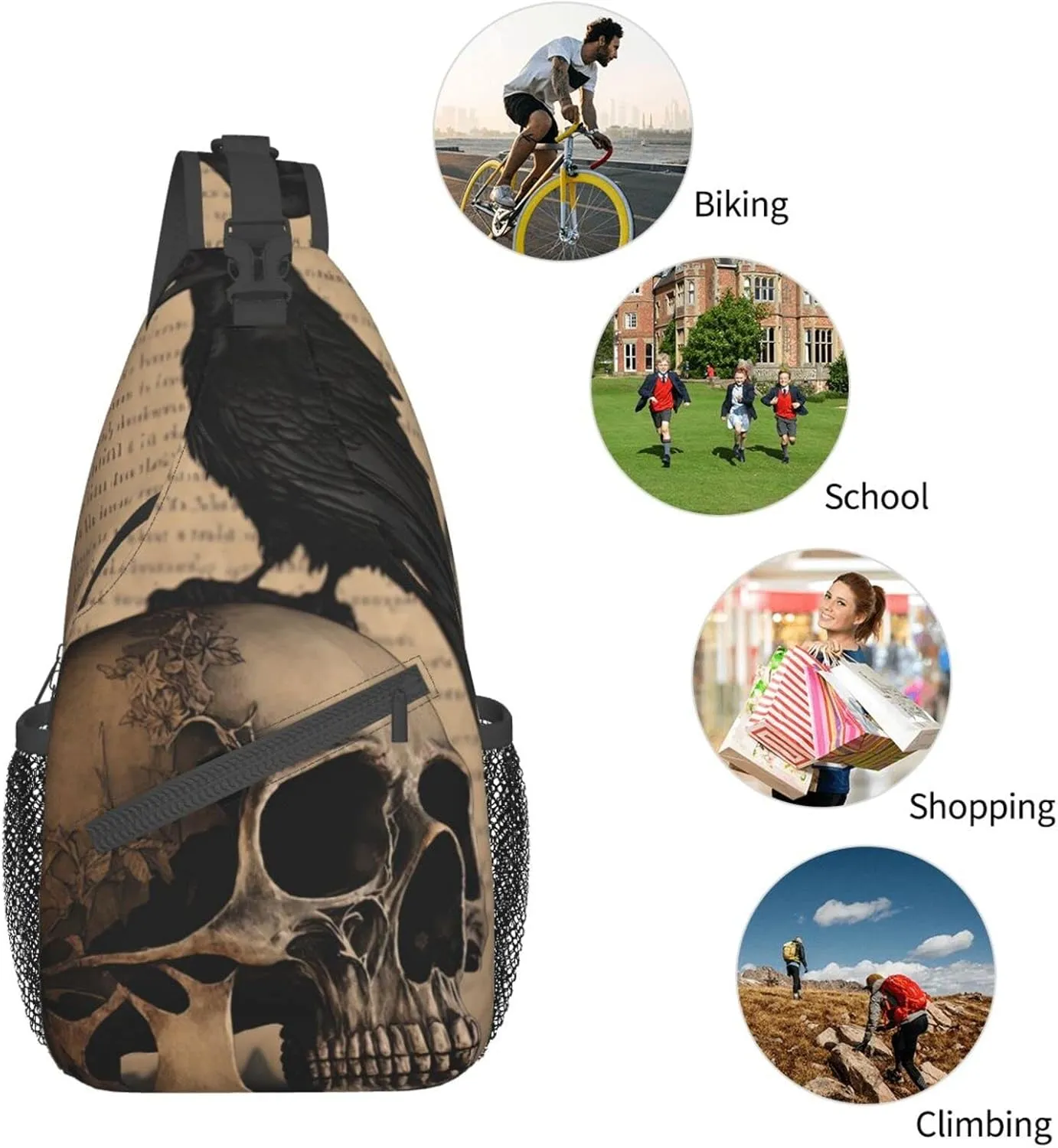 Edgar Allan Poe The Raven Skull Outdoor Cross-body Shoulder Bag, Unisex Backpack For Women Men Young Hiking Travel