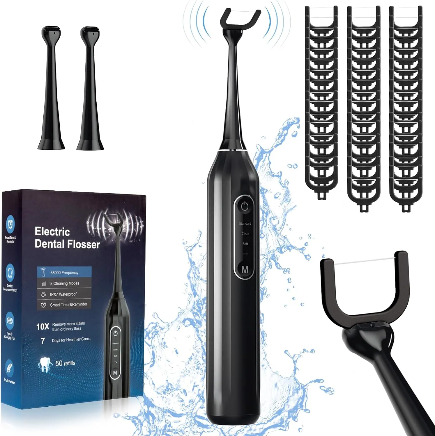 Electric Flosser, 3-in-1 Electric Flosser for Teeth - 3 Speeds   50 Replacement Floss Heads, Easy Gliding Floss for Gentle Gum Care, Dental Flosser Kit for Teeth Cleaning - Black