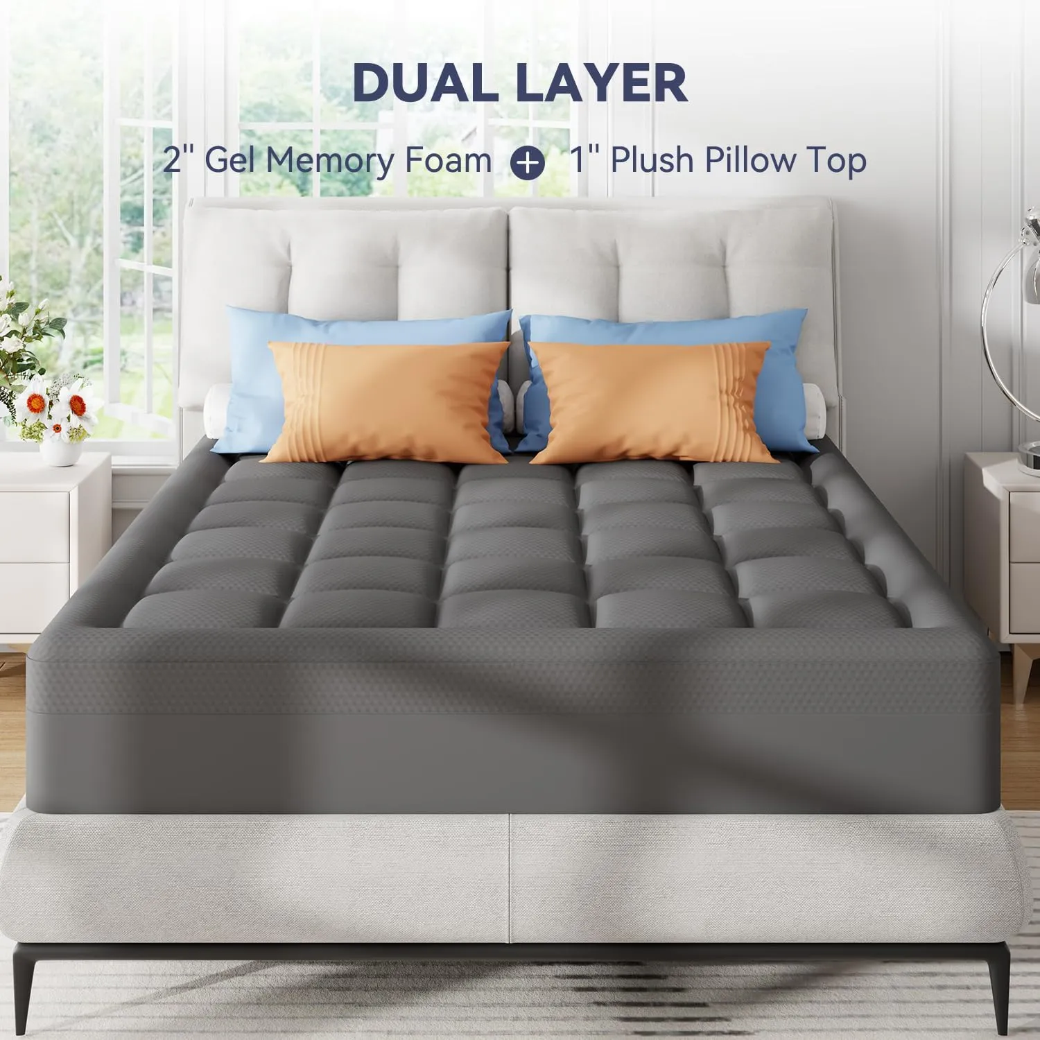 ELEMUSE Dual Layer 3 Inch Memory Foam Mattress Topper Full, 2 Inch Cooling Gel Memory Foam Plus 1 Inch Down Alternative Pillowtop Mattress Pad with Cooling Cover, Soft Comfort Support, Grey