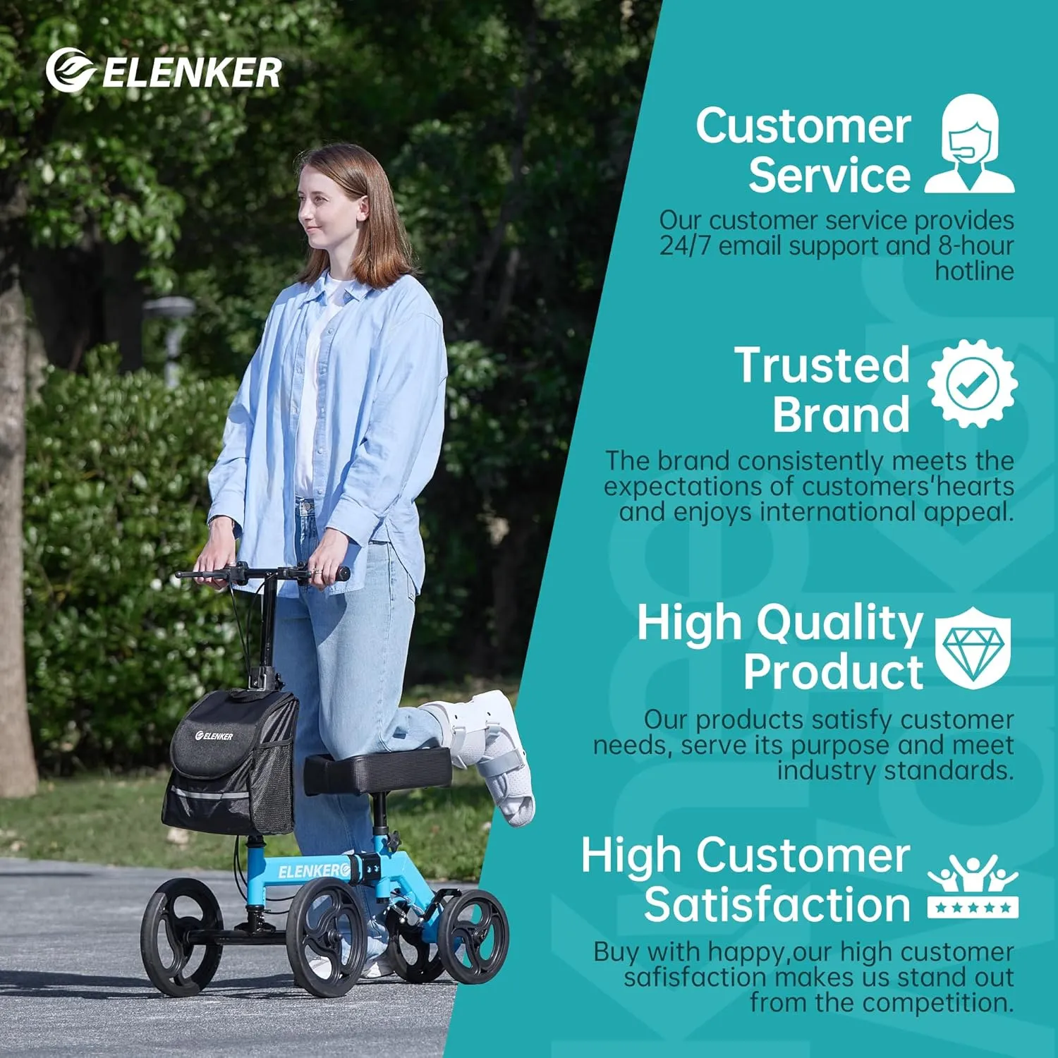 ELENKER Steerable Knee Walker Deluxe Medical Scooter for Foot Injuries Compact Crutches Alternative (Light Blue)