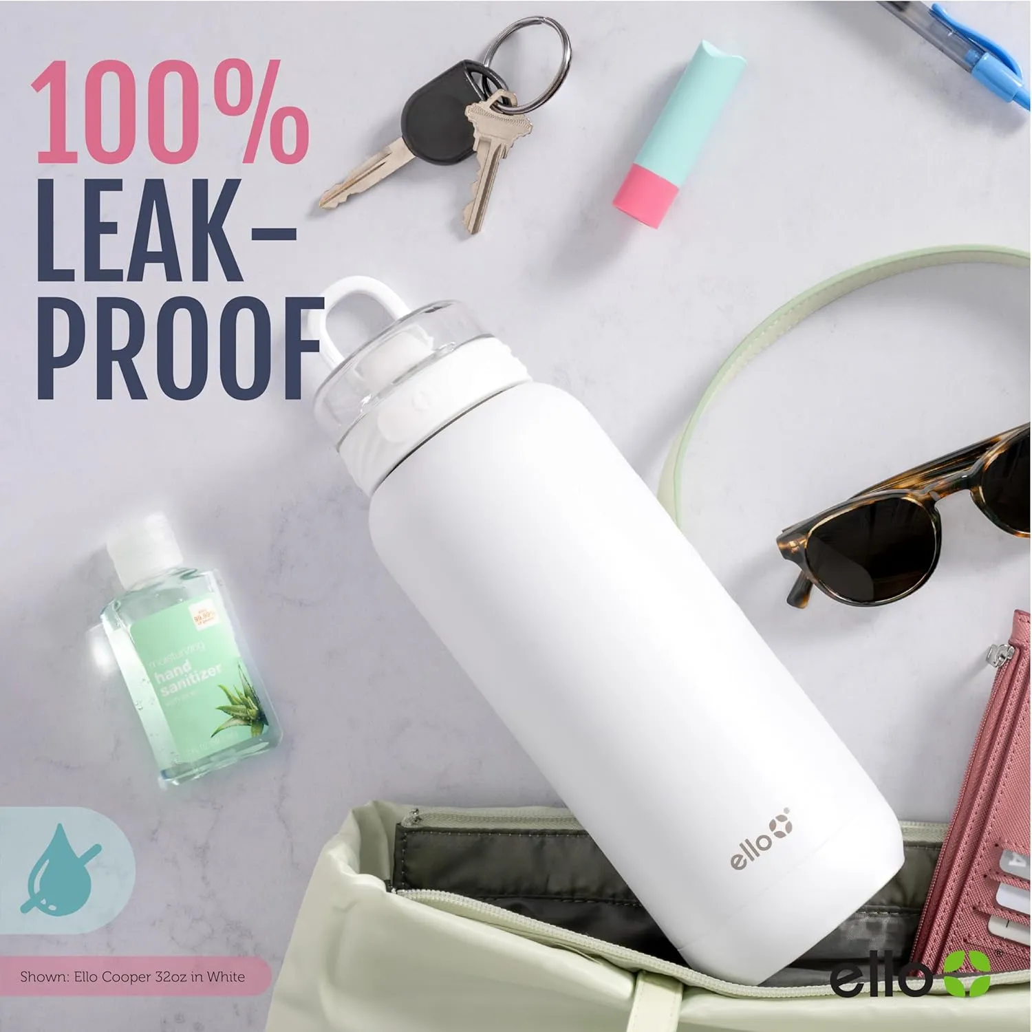Ello Cooper 22oz Stainless Steel Water Bottle with Straw and Carry Handle, Double Walled and Vacuum Insulated Metal, Leak Proof Locking Lid with Soft Silicone Spout, Reusable, BPA Free, Sage