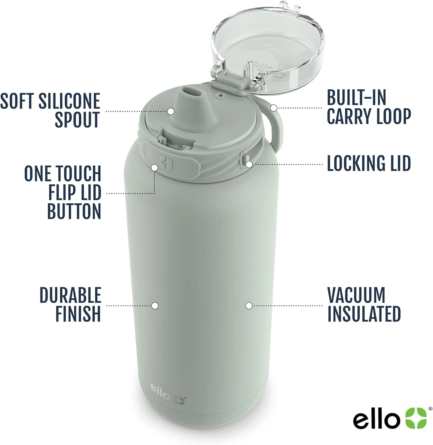 Ello Cooper 22oz Stainless Steel Water Bottle with Straw and Carry Handle, Double Walled and Vacuum Insulated Metal, Leak Proof Locking Lid with Soft Silicone Spout, Reusable, BPA Free, Sage