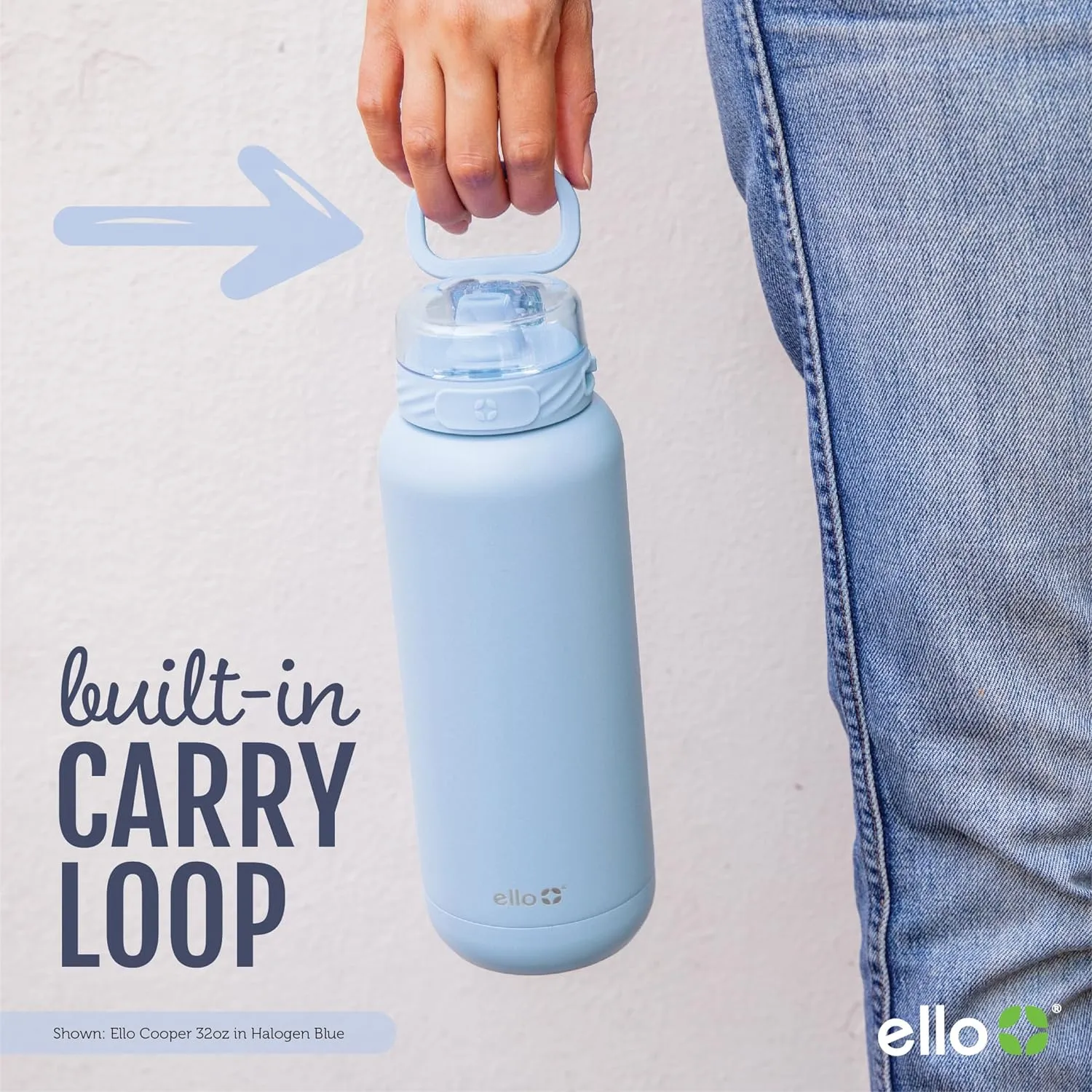 Ello Cooper 22oz Stainless Steel Water Bottle with Straw and Carry Handle, Double Walled and Vacuum Insulated Metal, Leak Proof Locking Lid with Soft Silicone Spout, Reusable, BPA Free, Sage