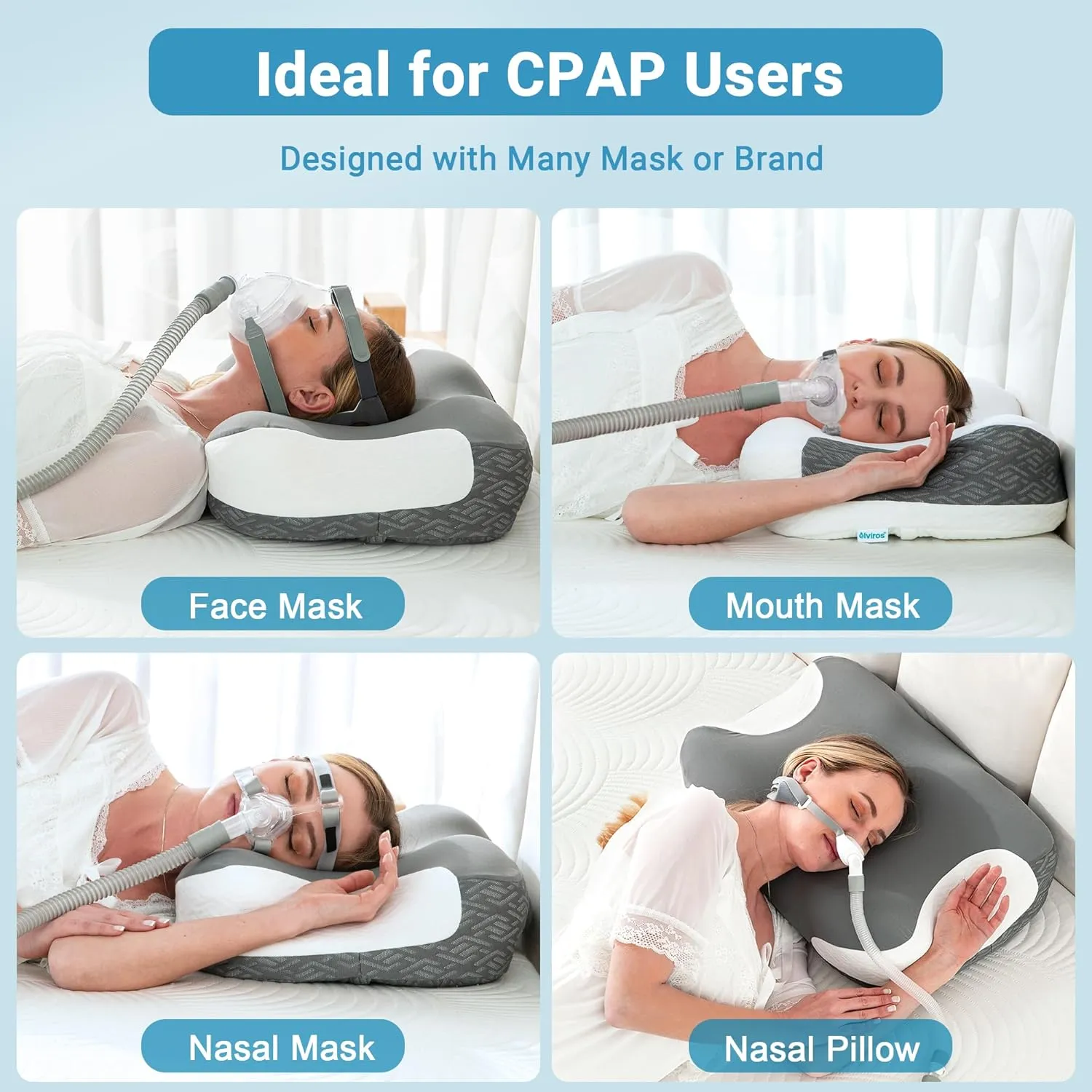 Elviros Cervical Neck Pillow for Neck Pain Relief, CPAP Pillow for Side, Back & Stomach Sleepers, Ergonomic Orthopedic Pillow for CPAP Users to Reduce Air Leaks and Mask Pressure, White