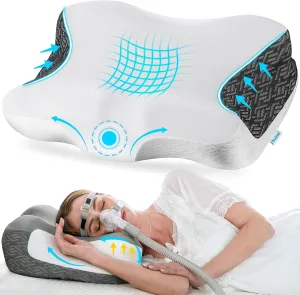 Elviros Cervical Neck Pillow for Neck Pain Relief, CPAP Pillow for Side, Back & Stomach Sleepers, Ergonomic Orthopedic Pillow for CPAP Users to Reduce Air Leaks and Mask Pressure, White