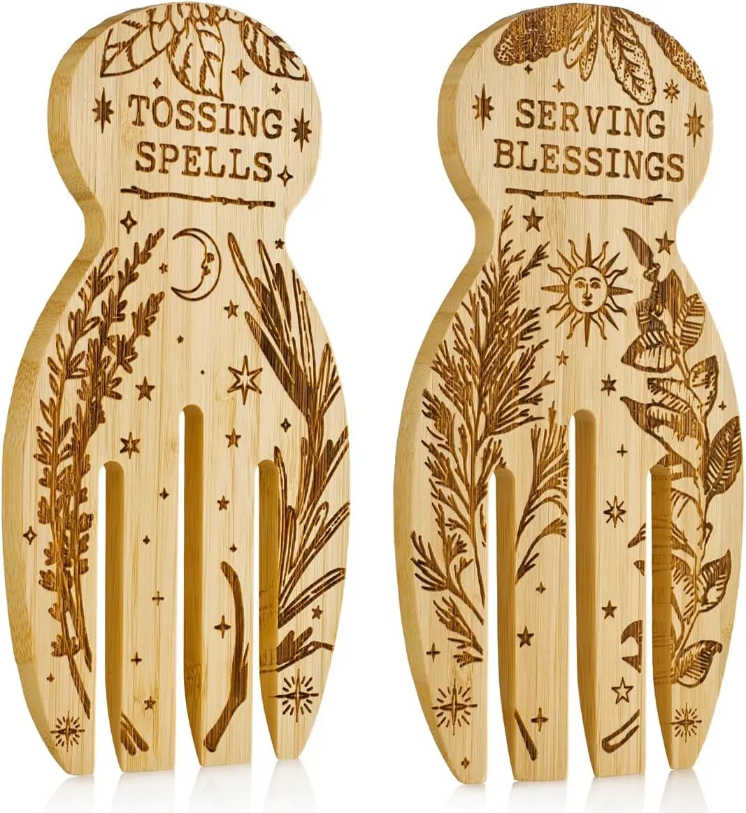 Engraved Bamboo Salad & Pasta Hands Spoon Set – 'Tossing Spells & Serving Blessings' Carved Designs – Kitchen Witch Gift-Themed Serving Set for Magical Meal Serving Mothers Day Gifts For Mom.