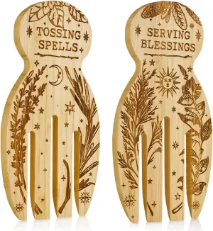 Engraved Bamboo Salad & Pasta Hands Spoon Set – 'Tossing Spells & Serving Blessings' Carved Designs – Kitchen Witch Gift-Themed Serving Set for Magical Meal Serving Mothers Day Gifts For Mom.