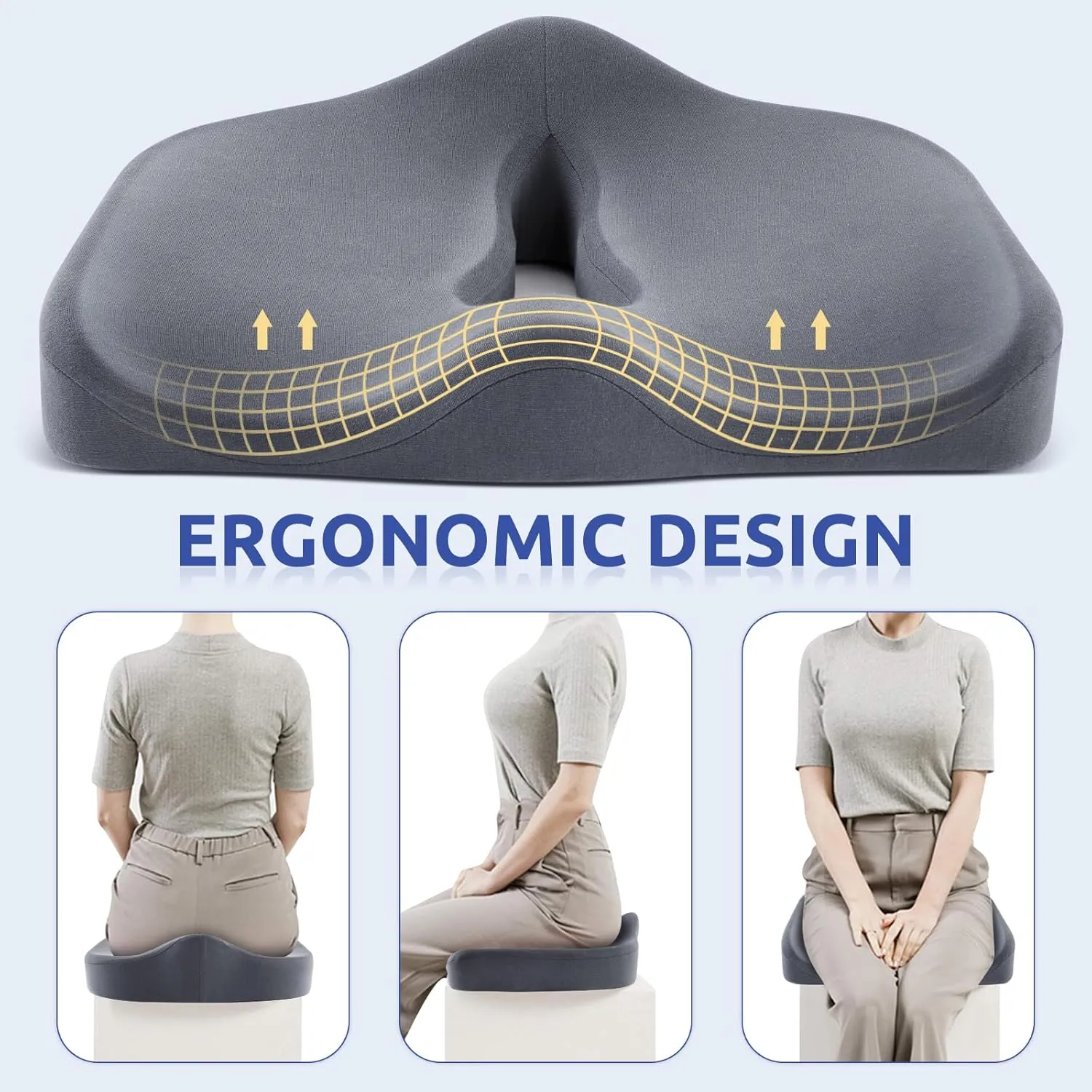 Ergonomic Seat Cushion for Tailbone Pressure Relief - Memory Foam Seat Pad for Comfort & Posture Improvement - Ideal for Office Chair,Desk Chairs, Car Seats, Wheelchairs, Home & Office Use(Dark Gray)