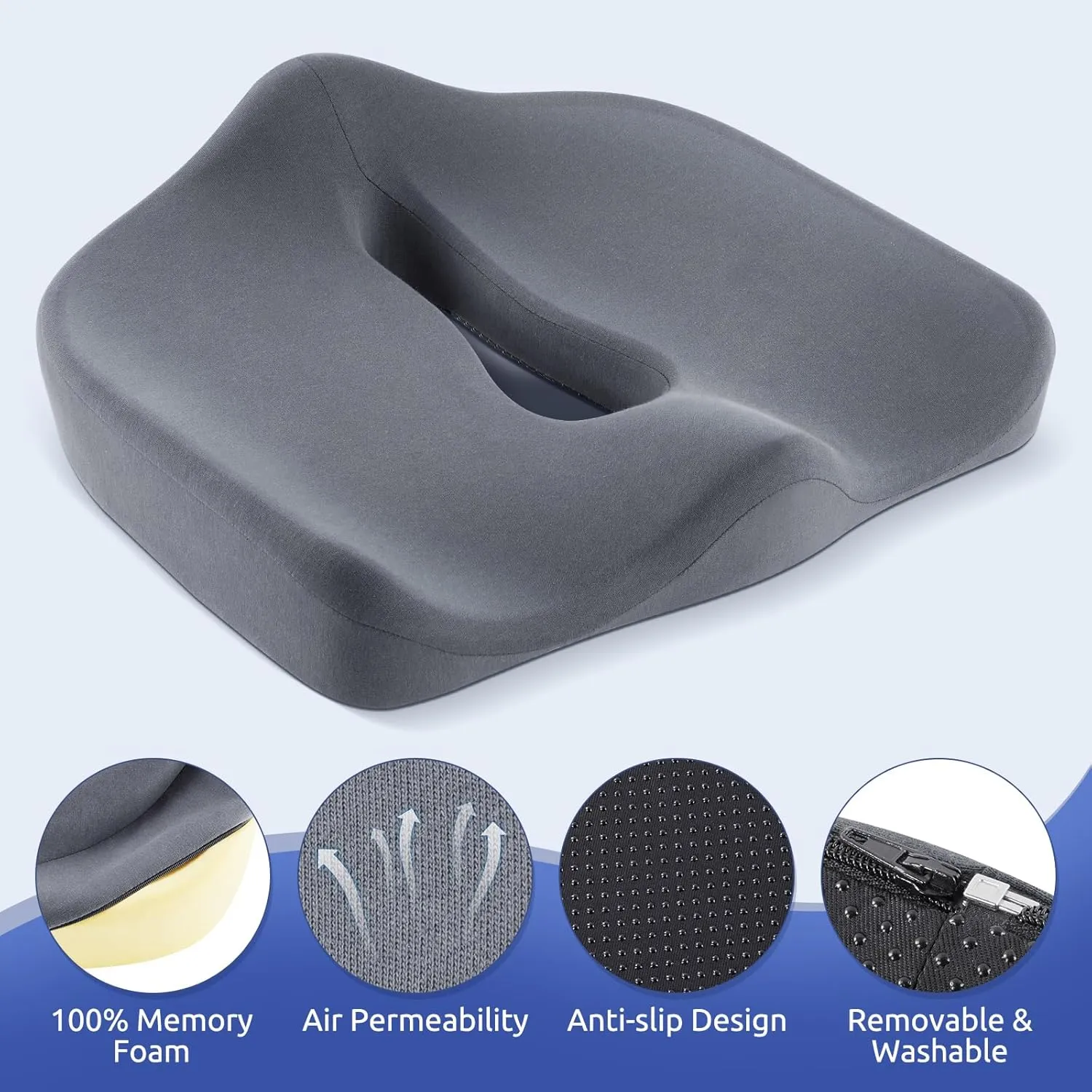 Ergonomic Seat Cushion for Tailbone Pressure Relief - Memory Foam Seat Pad for Comfort & Posture Improvement - Ideal for Office Chair,Desk Chairs, Car Seats, Wheelchairs, Home & Office Use(Dark Gray)