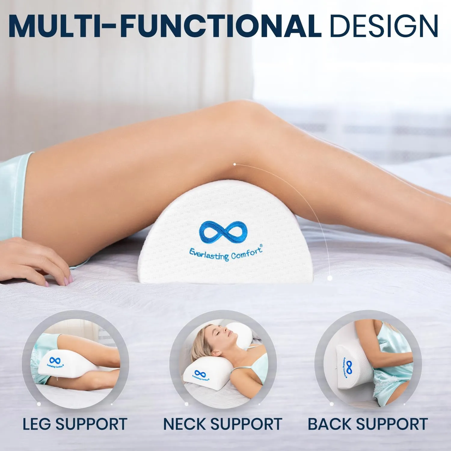 Everlasting Comfort Knee Pillow for Back Sleeping, Comfortable Pure Memory Foam Half Moon Bolster Pillow for Legs - Under Knee Pillow for Sleeping, Leg Pillow for Back Pain
