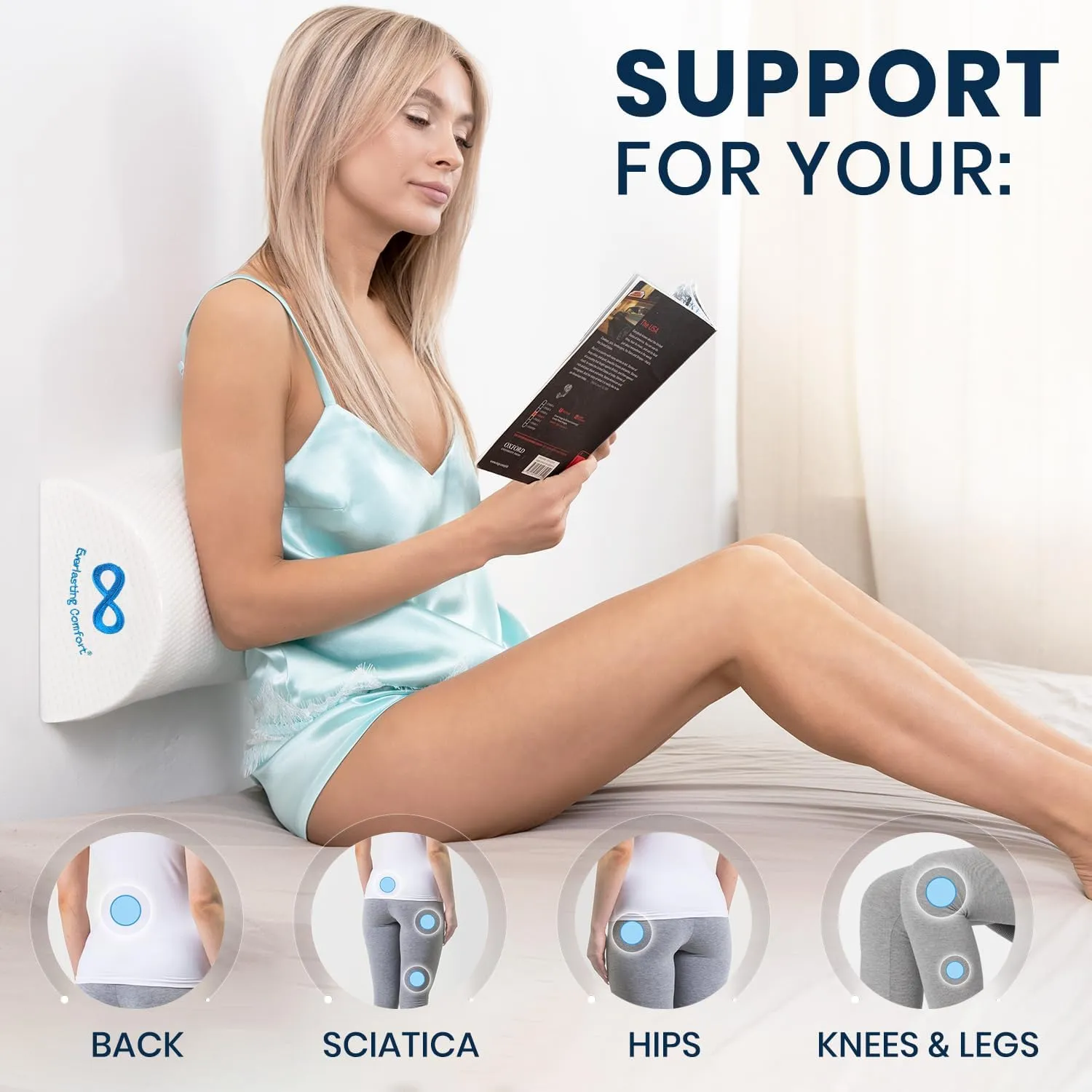 Everlasting Comfort Knee Pillow for Back Sleeping, Comfortable Pure Memory Foam Half Moon Bolster Pillow for Legs - Under Knee Pillow for Sleeping, Leg Pillow for Back Pain