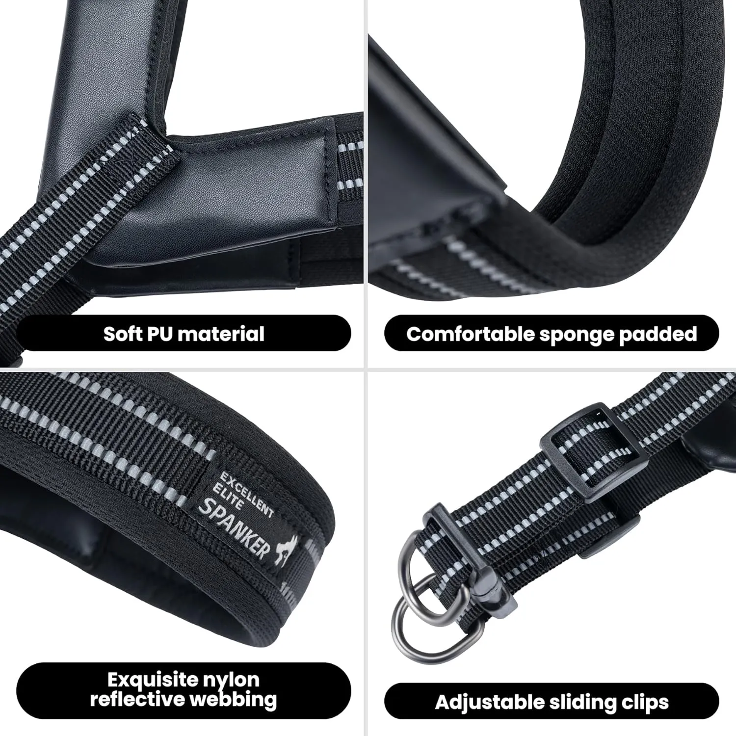 EXCELLENT ELITE SPANKER No Pull Dog Harness Step-in Adjustable Reflective Vest Soft Padded Easy Pet Chest Strap with Leash Clips for Small Medium Large Dogs Walking Training(Black-S)