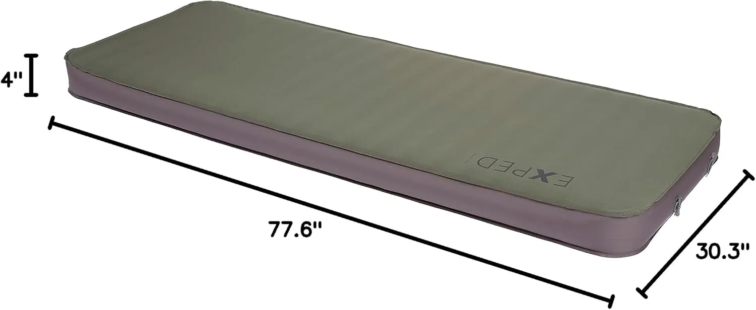 Exped MegaMat 10 - Self Inflating Foam Sleeping Pad, 4" Thickness Camping Bed, Compact and Lightweight, Mini Pump Included, Green, Long Extra Wide - Past Season