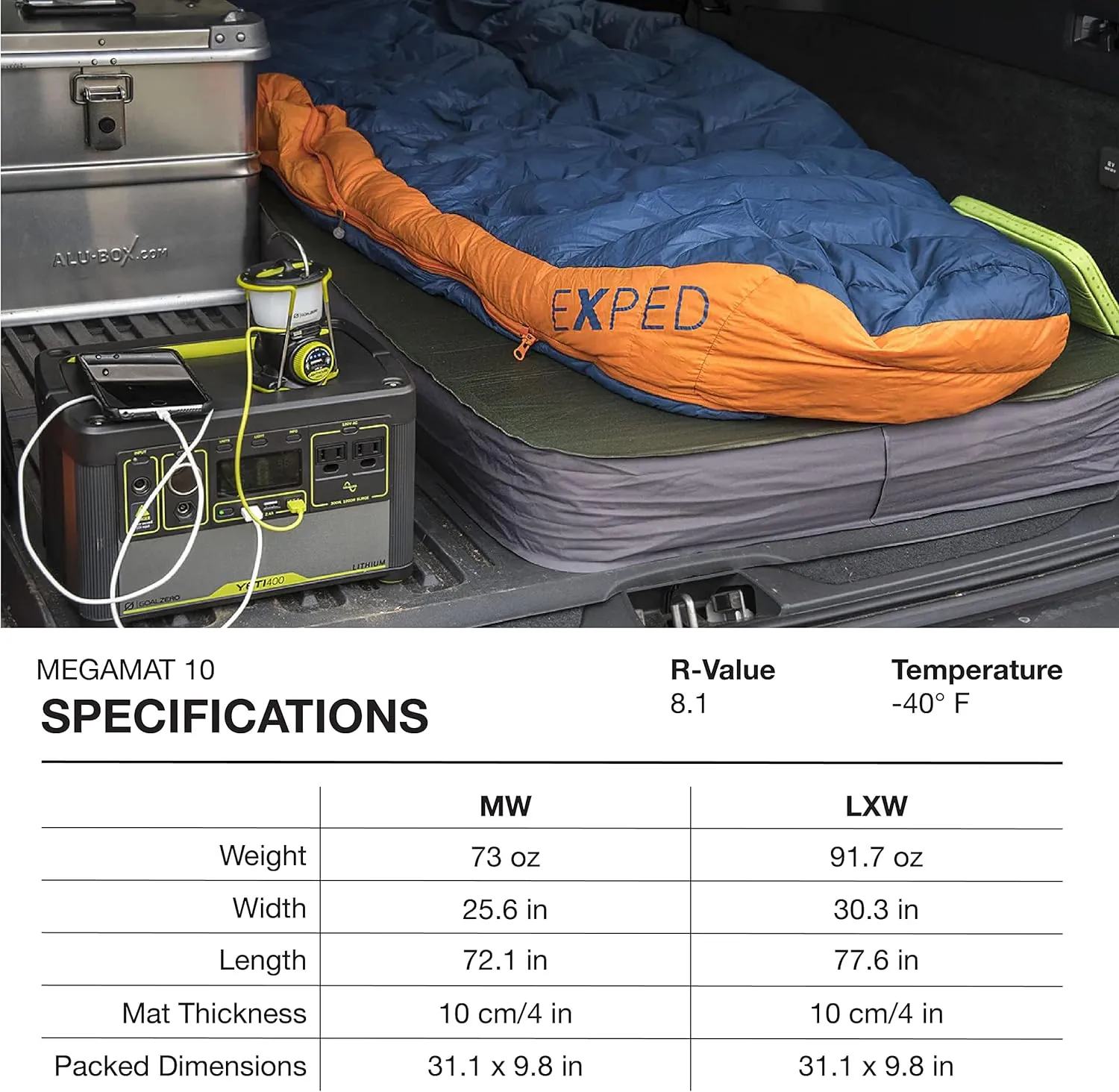 Exped MegaMat 10 - Self Inflating Foam Sleeping Pad, 4" Thickness Camping Bed, Compact and Lightweight, Mini Pump Included, Green, Long Extra Wide - Past Season