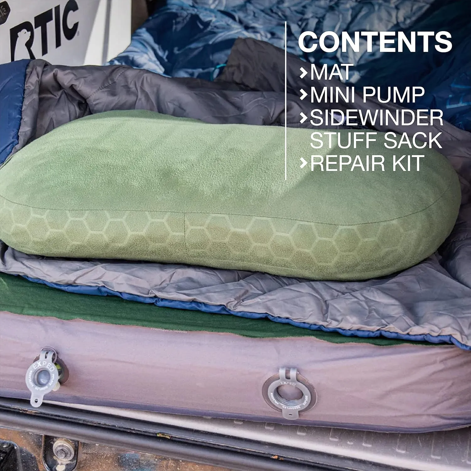 Exped MegaMat 10 - Self Inflating Foam Sleeping Pad, 4" Thickness Camping Bed, Compact and Lightweight, Mini Pump Included, Green, Long Extra Wide - Past Season