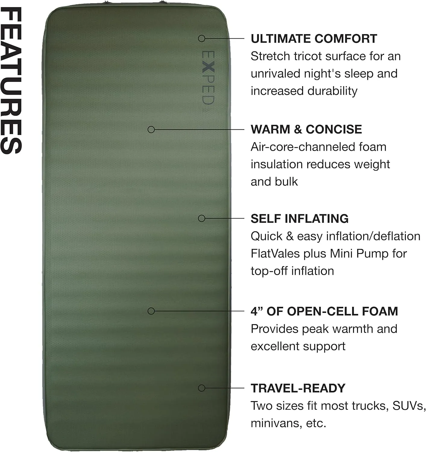 Exped MegaMat 10 - Self Inflating Foam Sleeping Pad, 4" Thickness Camping Bed, Compact and Lightweight, Mini Pump Included, Green, Long Extra Wide - Past Season