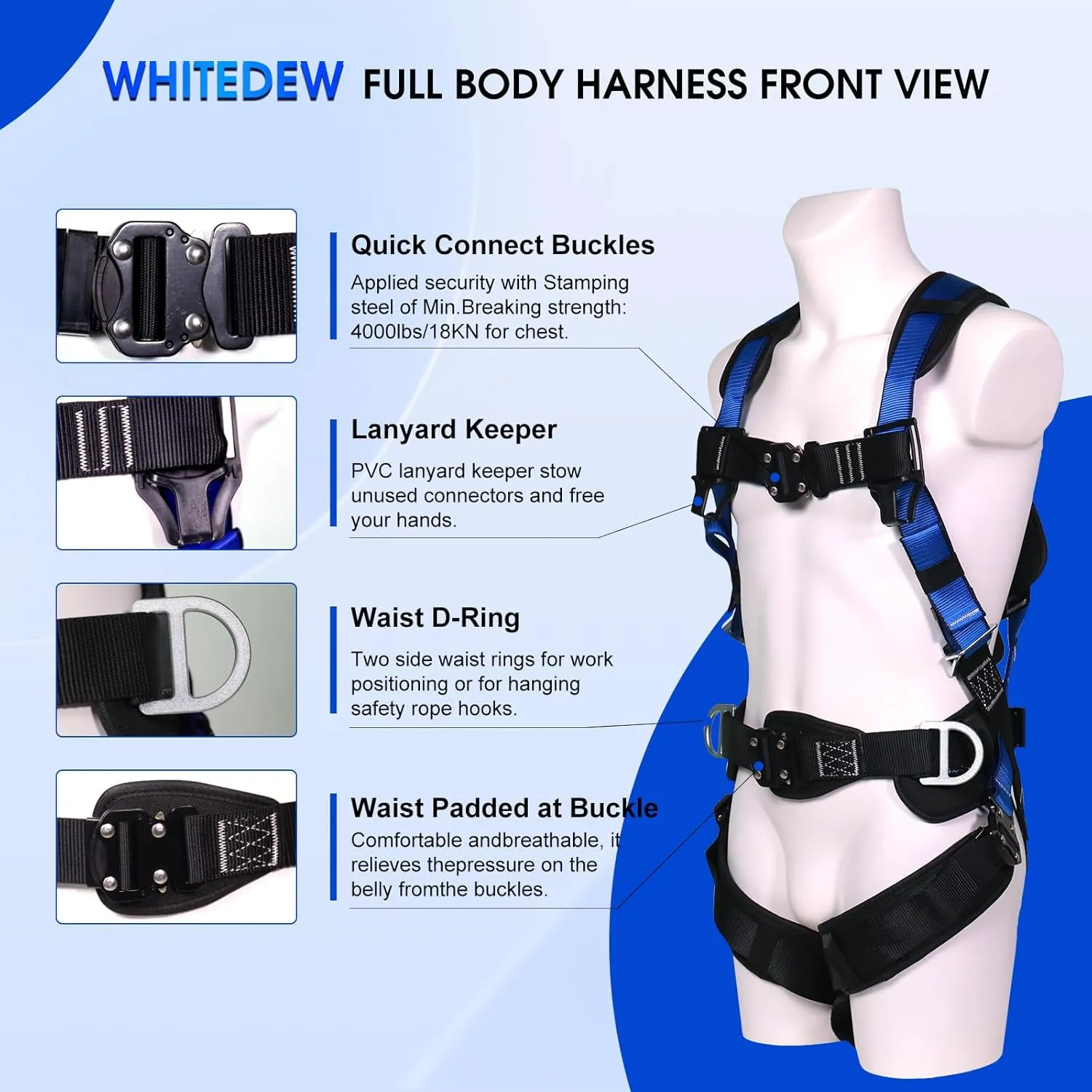 Fall Protection Premium Safety Harness with Shock Absorbing Lanyard, Vented & Padded Shoulder, Legs & Back - Upgrade 4 Quick Buckles (Blue)
