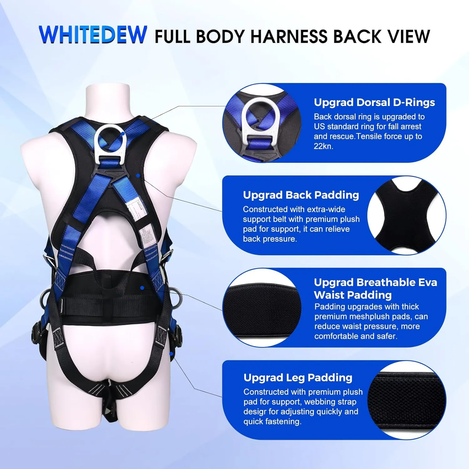 Fall Protection Premium Safety Harness with Shock Absorbing Lanyard, Vented & Padded Shoulder, Legs & Back - Upgrade 4 Quick Buckles (Blue)
