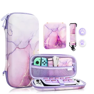 FANPL Carrying Case for Nintendo Switch & Switch OLED, Purple Cute Travel Hard Protectiv Cover for Switch with Adjustable Shoulder Strap, Game Card Case, Thumb Grips - Marble
