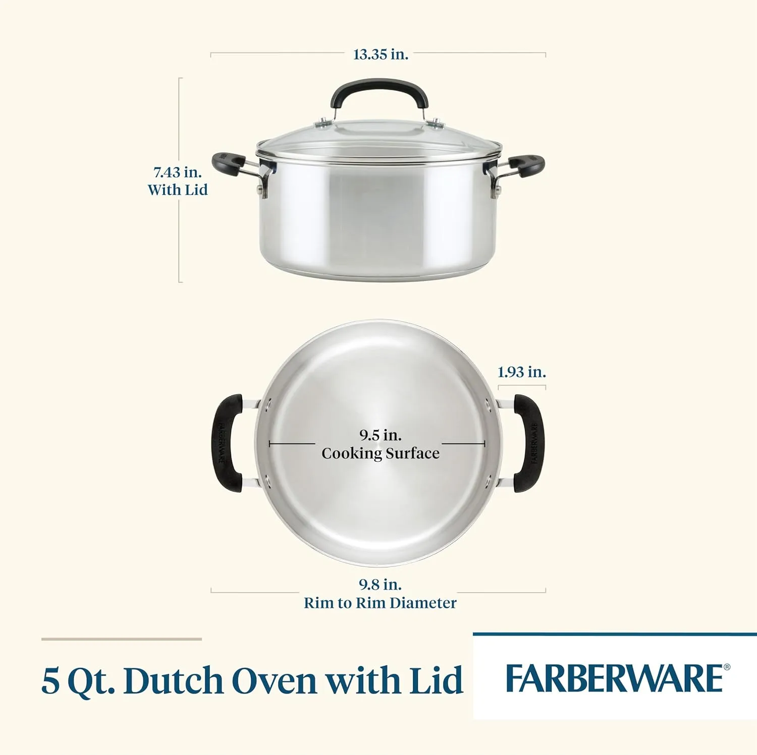 Farberware Brilliance Stainless Steel Dutch Oven/Casserole Pan with Glass Lid, 5 Quart, Dishwasher Safe and Induction Ready, Compatible with All Cooktops, Stainless Steel