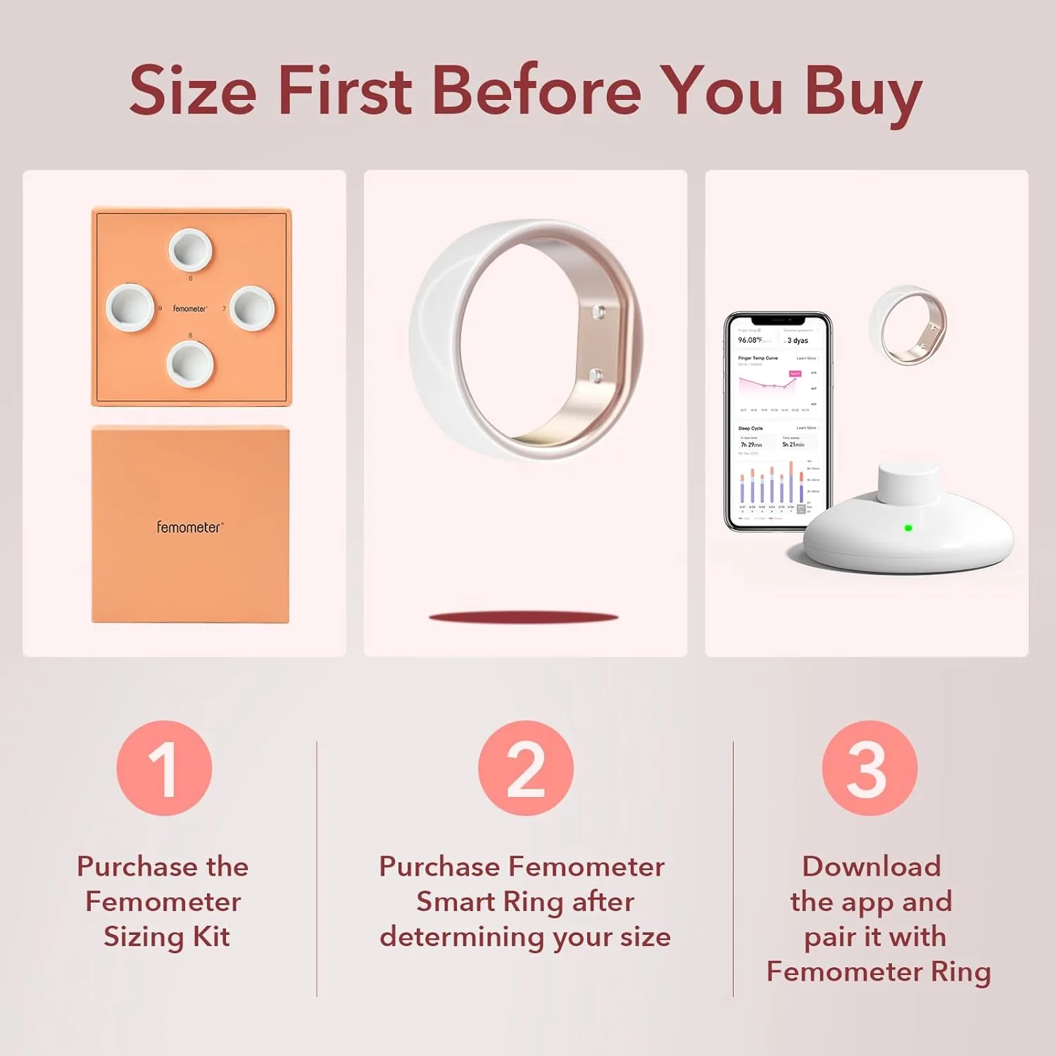 femometer Smart Ring Gen1 for Women's Fertility and Ovulation Monitor Tracking - Size Before You Buy - App Auto-Sync - Sleep Analysis - Rechargeable & Waterproof - Free Subscription - Size 6