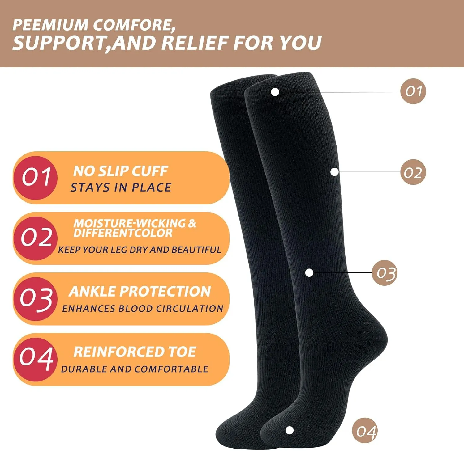 fenglaoda 6 Pairs Compression Socks for Women & Men Knee High Cute Circulation Socks for Nurse Pregnant Travel Athletic