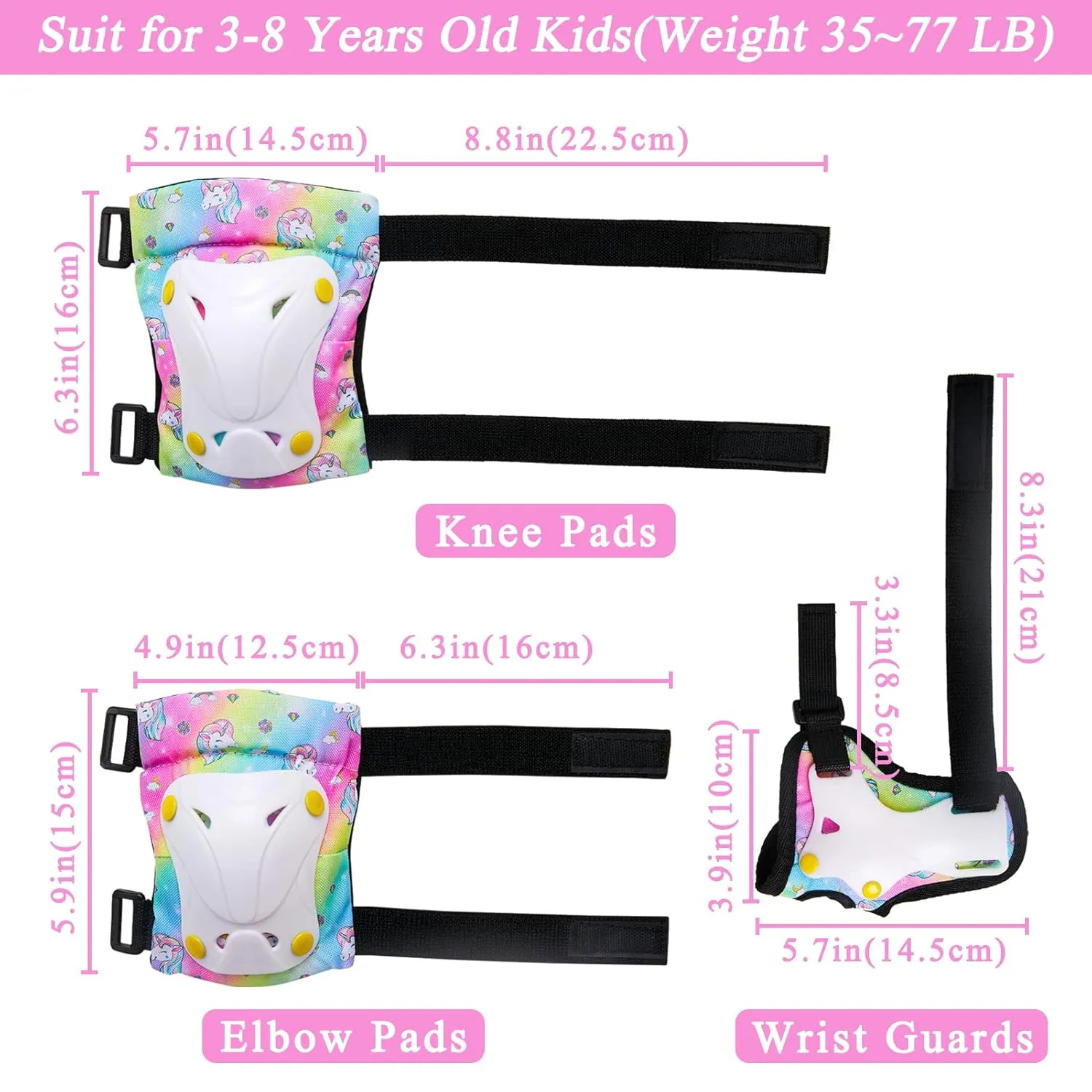 FIODAY Knee Pads for Kids Unicorn Knee Elbow Pads Wrist Guards with Drawstring Bag Adjustable Protective Gear Set for Girls Boys Inline Skating Bike Cycling Skateboard Scooter, 3-8 Years, Rainbow