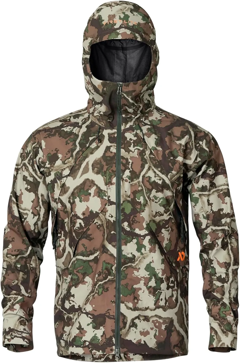 First Lite Men's Omen Stormshelter Jacket - Waterproof Durable Camo Hunting Rain Shell